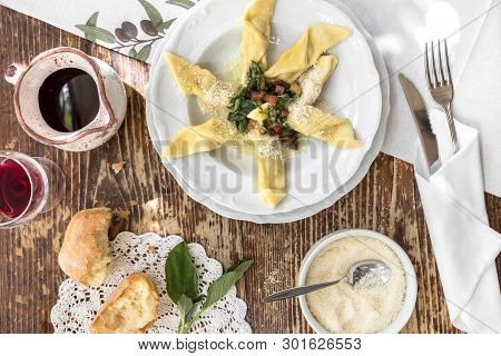 Typical Italian Cuisine. Casoncelli Alla Bergamasca (pasta Stuffed With Bread Crumbs, Egg, Parmesan,