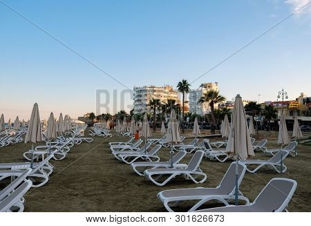Larnaka, Cyprus - May 11, 2019: Public City Beach Finikoudes On The Mediterranean Coast In Larnaka