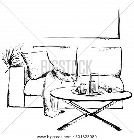 Modern Interior Hand Drawing Illustration. Sofa And Table Sketch