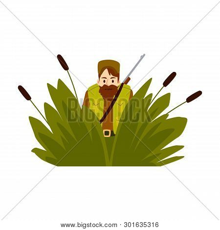 Hunter Man In An Ambush With Rifle Vector Flat Illustration Isolated On White.