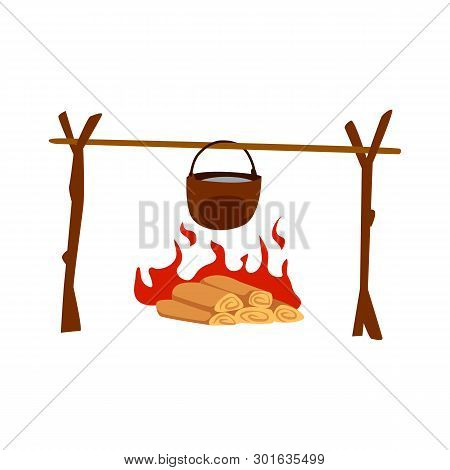 Hot Food Cooking On Campfire, Brown Cauldron Kettle Over Fire With Wood