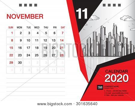 Desk Calendar 2020 Template Vector, November 2020 Month, Business Layout, 8x6 Inch, Week Starts Sund