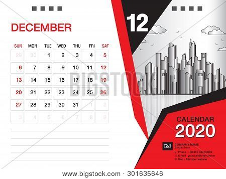 Desk Calendar 2020 Template Vector, December 2020 Month, Business Layout, 8x6 Inch, Week Starts Sund