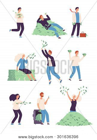 Wealthy People. Rich Happy Persons With Money Dollars Gold Coins, Lucky Rich Man And Woman Millionai