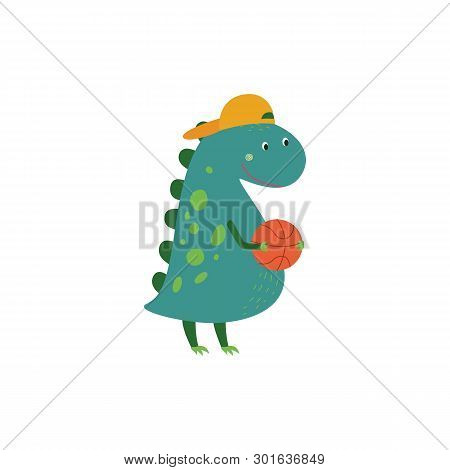 Funny Cartoon Kid Dinosaur, Cute Green Dino Monster With Backwards Cap And Basketball