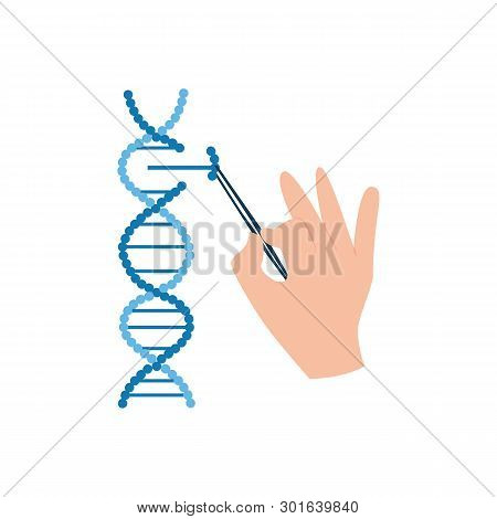 Dna Research In Biotechnology, Scientist Hand Removing Or Adding A Piece Of Molecule Strand Into Spi