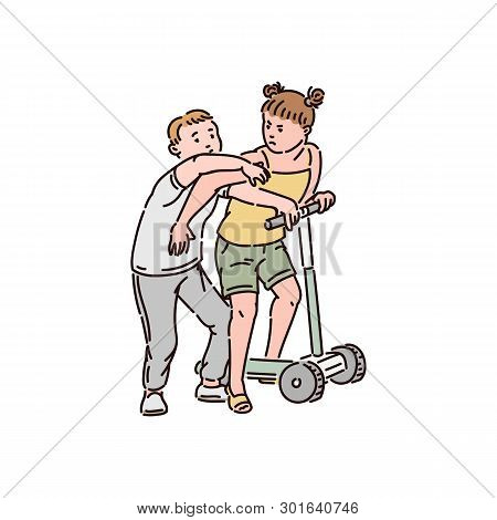The Boy Is Trying To Take The Scooter Away From The Girl, The Girl Pushes Him Away And Gets Angry.
