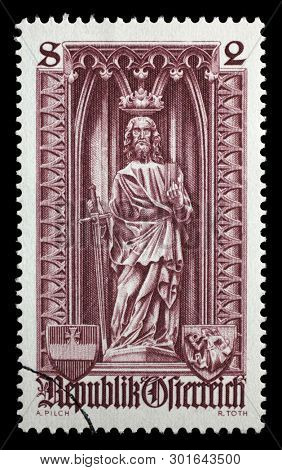 ZAGREB, CROATIA - JULY 02, 2014: A stamp printed in the Austrian, is dedicated to 500th anniversary of Diocese of Vienna, shows the statue of St. Paul in St. Stephens Cathedral, Vienna, circa 1969.