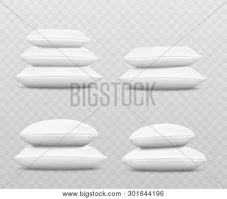 White Pillow Stack Set From Side View, Three Or Two Square And Round Cushions Stacked On Top Of Each