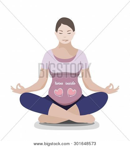 Enceinte Mother In Yoga Lotus Pose In Multiple Pregnancy Isolated On White Background. Flat Style