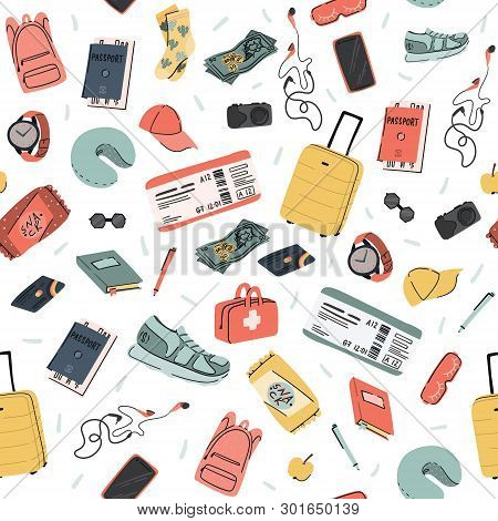 Hand Drawn Travel Seamless Pattern. Summer Vacation Time Doodle Background.