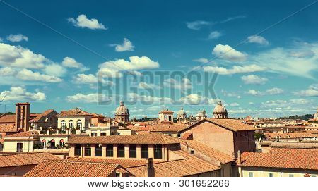 Rome, Italy, Bird View To The Side Of Capitol Hill With Roofs And Churches Of The Ancient City On Th
