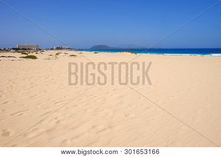 Sand Dunes And Beach In National Park Corralejo, Fuerteventura, Canary Islands, Spain.