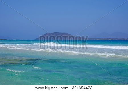 View On The Island Lobos From The Beach Corralejo On The Canary Island Fuerteventura, Spain.
