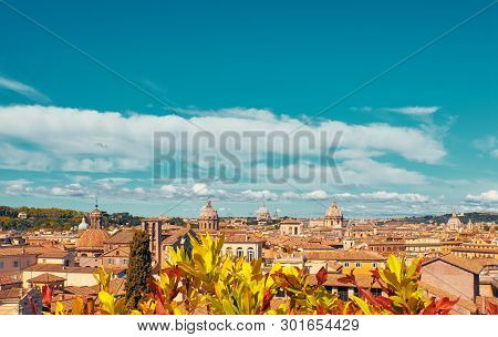Autumn In Rome, Italy. Bird View To The Side Of Capitol Hill With Roofs And Churches Of The Ancient 