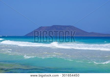 View On The Island Lobos From The Beach Corralejo On The Canary Island Fuerteventura, Spain.
