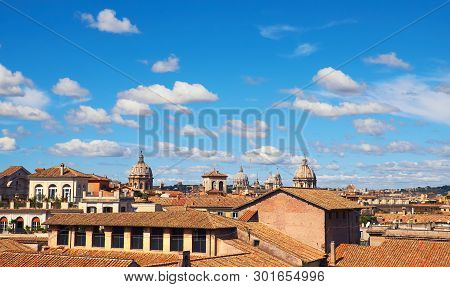 Rome, Italy, Bird View To The Side Of Capitol Hill With Roofs And Churches Of The Ancient City On Th