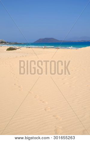 Sand Dunes And Beach In National Park Corralejo, Fuerteventura, Canary Islands, Spain.