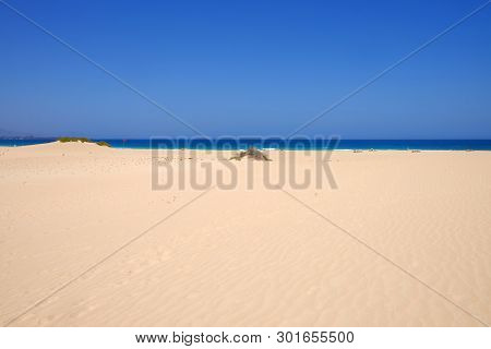 Sand Dunes And Beach In National Park Corralejo, Fuerteventura, Canary Islands, Spain.