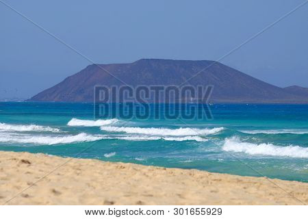 View On The Island Lobos From The Beach Corralejo On The Canary Island Fuerteventura, Spain.