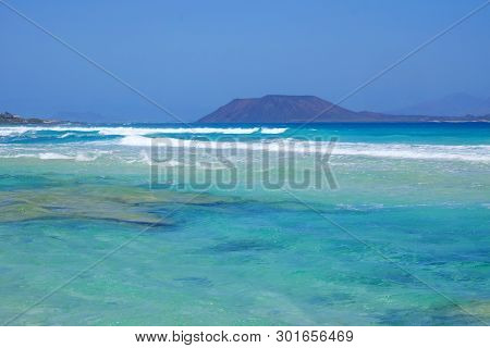 View On The Island Lobos From The Beach Corralejo On The Canary Island Fuerteventura, Spain.