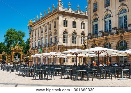 NANCY, FRANCE - June 23, 2018: Outdoor cafe restaurant in Old Town Nancy, France