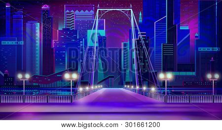 Night City With Neon Lights, Bridge Entry Front View And Quay With Glowing Lamps Illumination. Futur