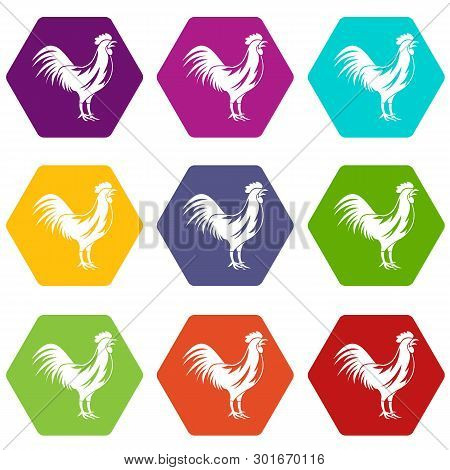 Gallic Rooster Icon Set Many Color Hexahedron Isolated On White Illustration