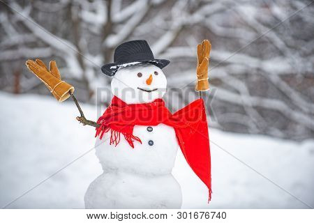 Cute Snowmen Standing In Winter Christmas Landscape. The Snowman Is Wearing A Fur Hat And Scarf. Sno
