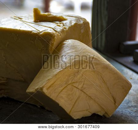 Hand Made From Natural Ingredients And Oils Soap In Blocks In Shop Close Up