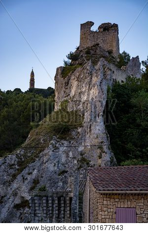 View On Medieval Houses And Castle Ruines In Provence, South Of France, Vacation And Tourist Destina