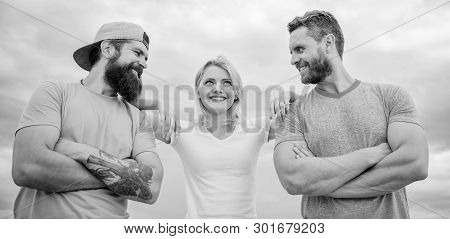 Shoulder On Which You Can Rely. Woman And Men Look Confident While Stay Close Each Other Like Team. 