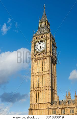 Big Ben Tower In London, Blue Sky With Clouds