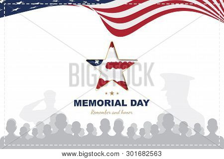 Happy Memorial Day. Greeting Card Template With Usa Flag With Star And Veteran Silhouettes On White 
