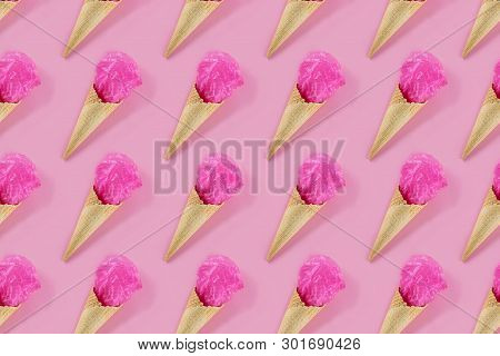 Pattern Of Waffle Cone With Polyethylene Package In It On Pink Background. Ecology And Saving Earth 