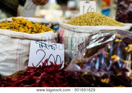 Shallow Focus Shot Of Shops Selling Variety Of Spices