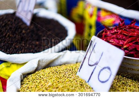 Pulses Placed In Steel Drums With Price Tags Ready For Sale