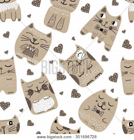 Childish Repeat Background With Cute Cats For Wrapping Paper, Textile, Fabric, Wallpaper. Vector Ill