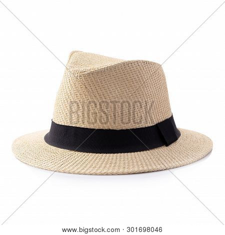 Vintage Straw Hat With Black Ribbon For Man Isolated Over White Background.