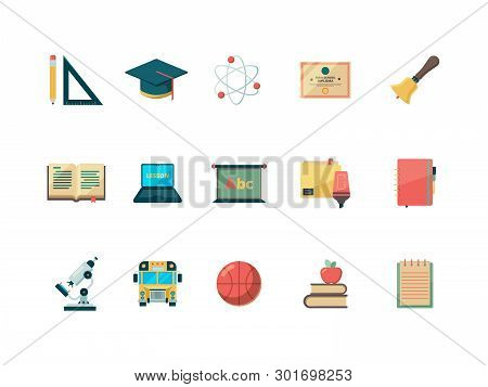 Education Flat Icon. School Learning College Books Ball And Bag Vector Education Symbols Isolated. I