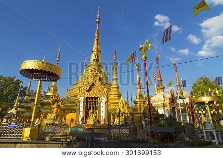 Architecture Gold And Blue Sky Beautiful With Cloud At Wat Phra Bat Ban Tak, Tak Province, Of Thaila