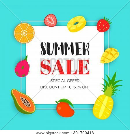 Summer Sale With Tropical Fruit Background, Vector Illustration