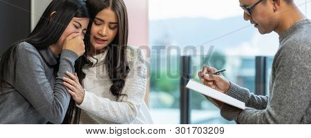 Banner Of Asian Male Professional Psychologist Doctor Giving The Consult To Lesbian Lovers Patients 