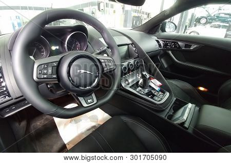 Moscow, Russia - May 1, 2019: Interior Of Black Jaguar F-type R On A Lift At A Land Rover Service Ce