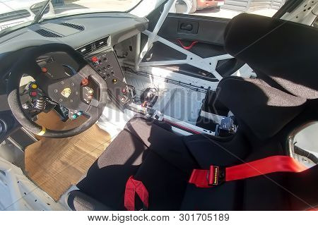 Moscow, Russia - May 05, 2019: Top View. Interior Of White Porsche 911 Gt3 Rs Cup Parked On The Stre