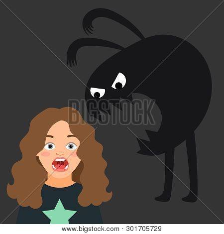 Scared Girl, Kids Fear And Monster Silhouette Vector Illustration. Scared Girl And Monster Ghost