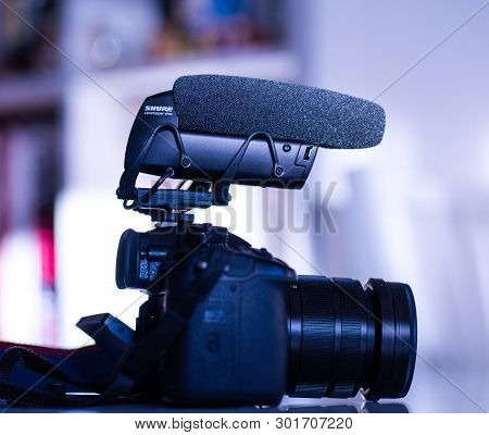 Paris, France - Mar 18, 2019: Detailed Photograph Of New Microphone Made By Shure America Model Vp 8