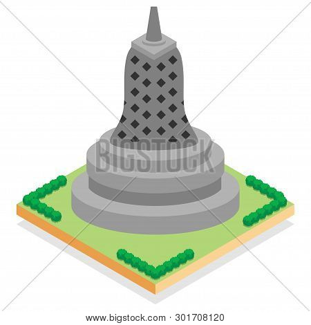 Isometric Illustration Of Borobudur Temple, Indonesian Historical Building, Vector Illustration