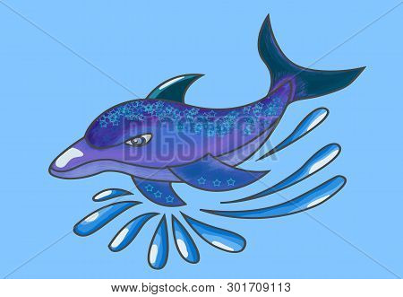Dolphin And Water Drops In Vector Illustration