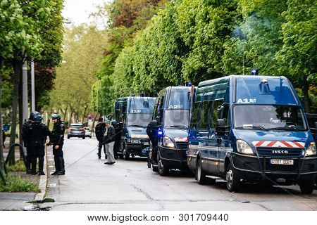 Strasbourg, France - Apr 28, 2019: Squadron Of Police Gendarms Officers Securing Entrance To Council